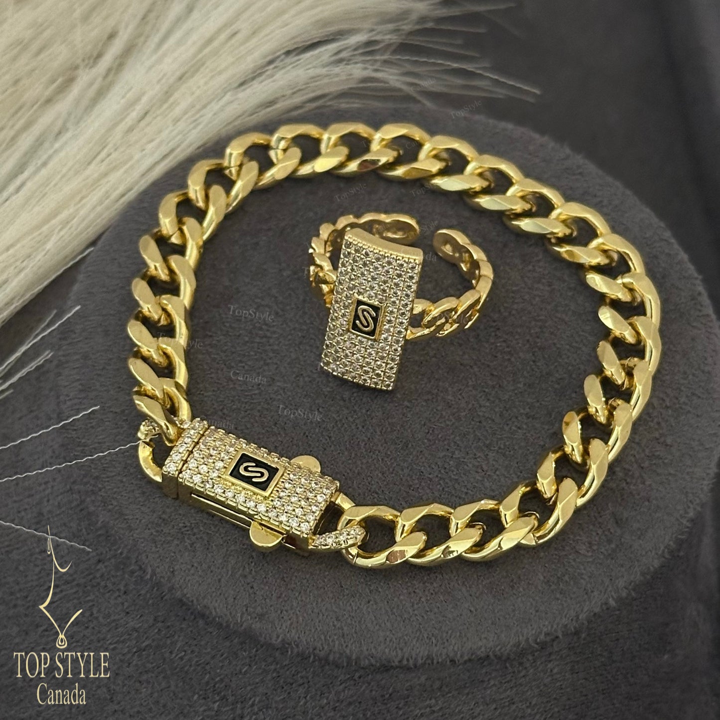 18K Gold Plated Ice Cuban Half Set (Bracelet+Ring)