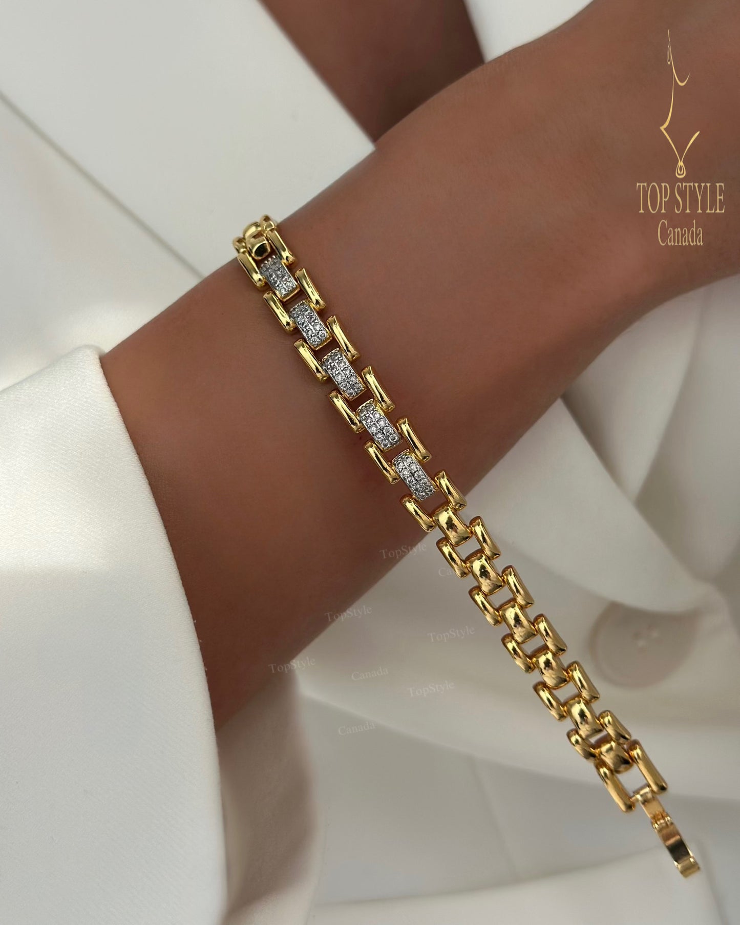 21K Gold Two Tone CZ Link Bracelet