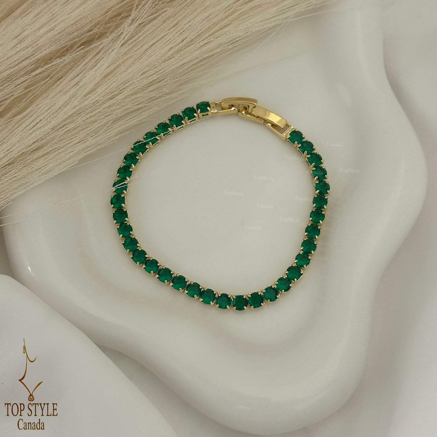 Green Stones Gold Plated Tennis Bracelet