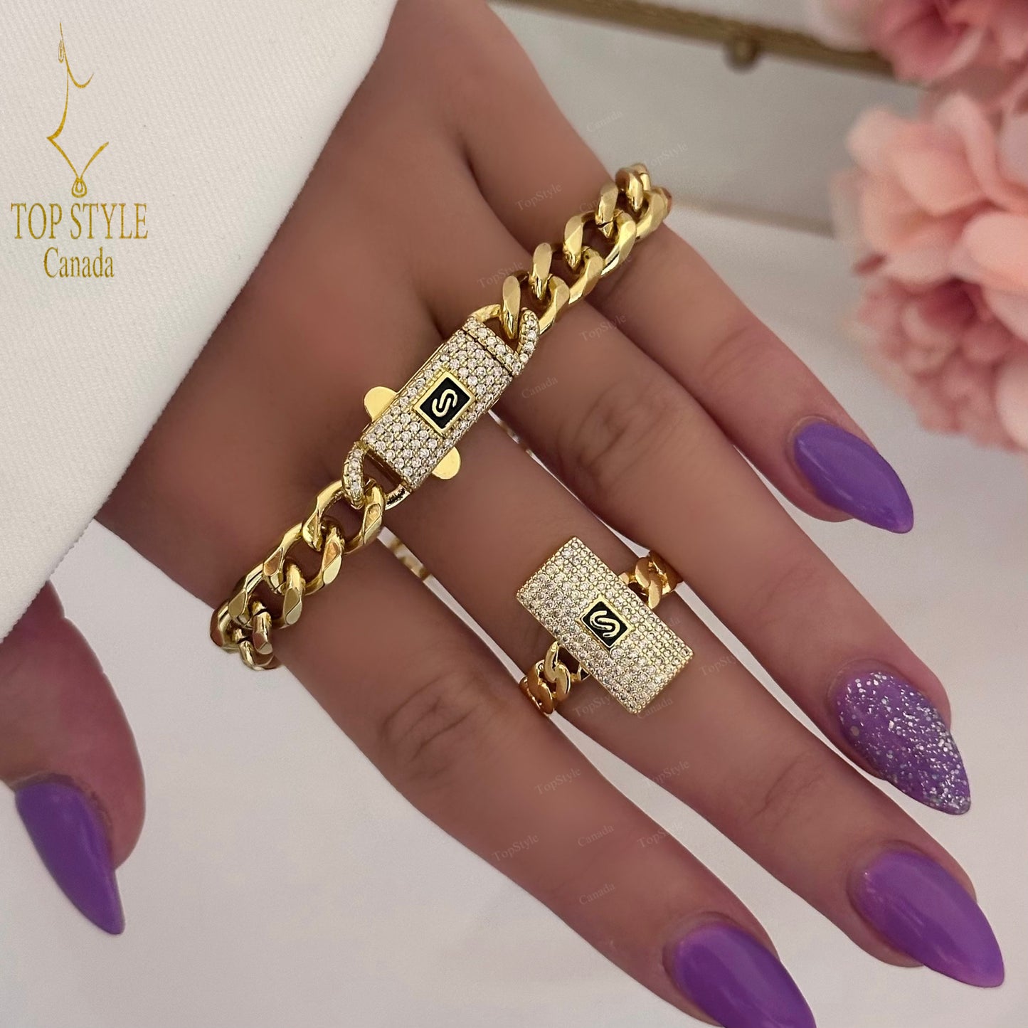 18K Gold Plated Ice Cuban Half Set (Bracelet+Ring)