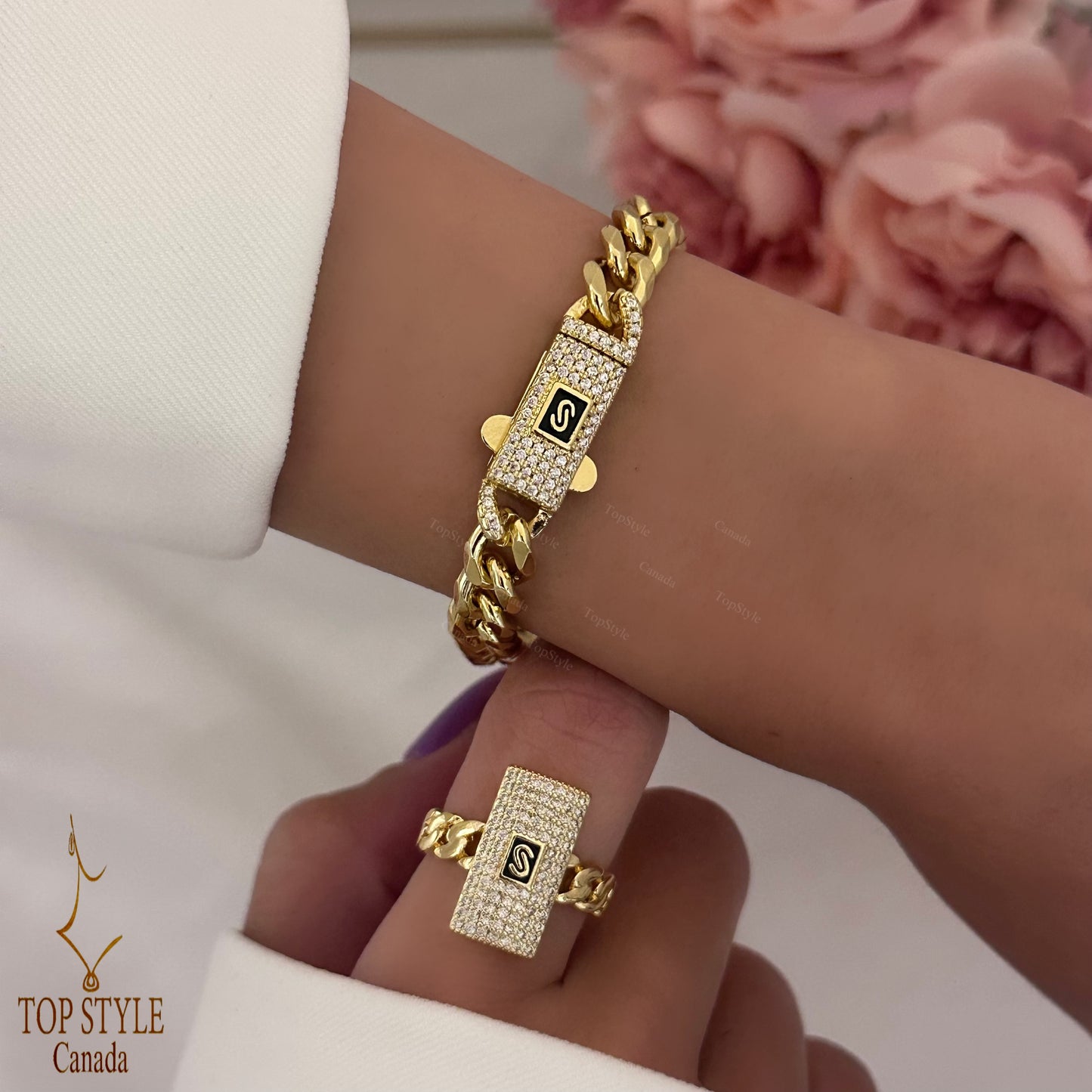 18K Gold Plated Ice Cuban Half Set (Bracelet+Ring)