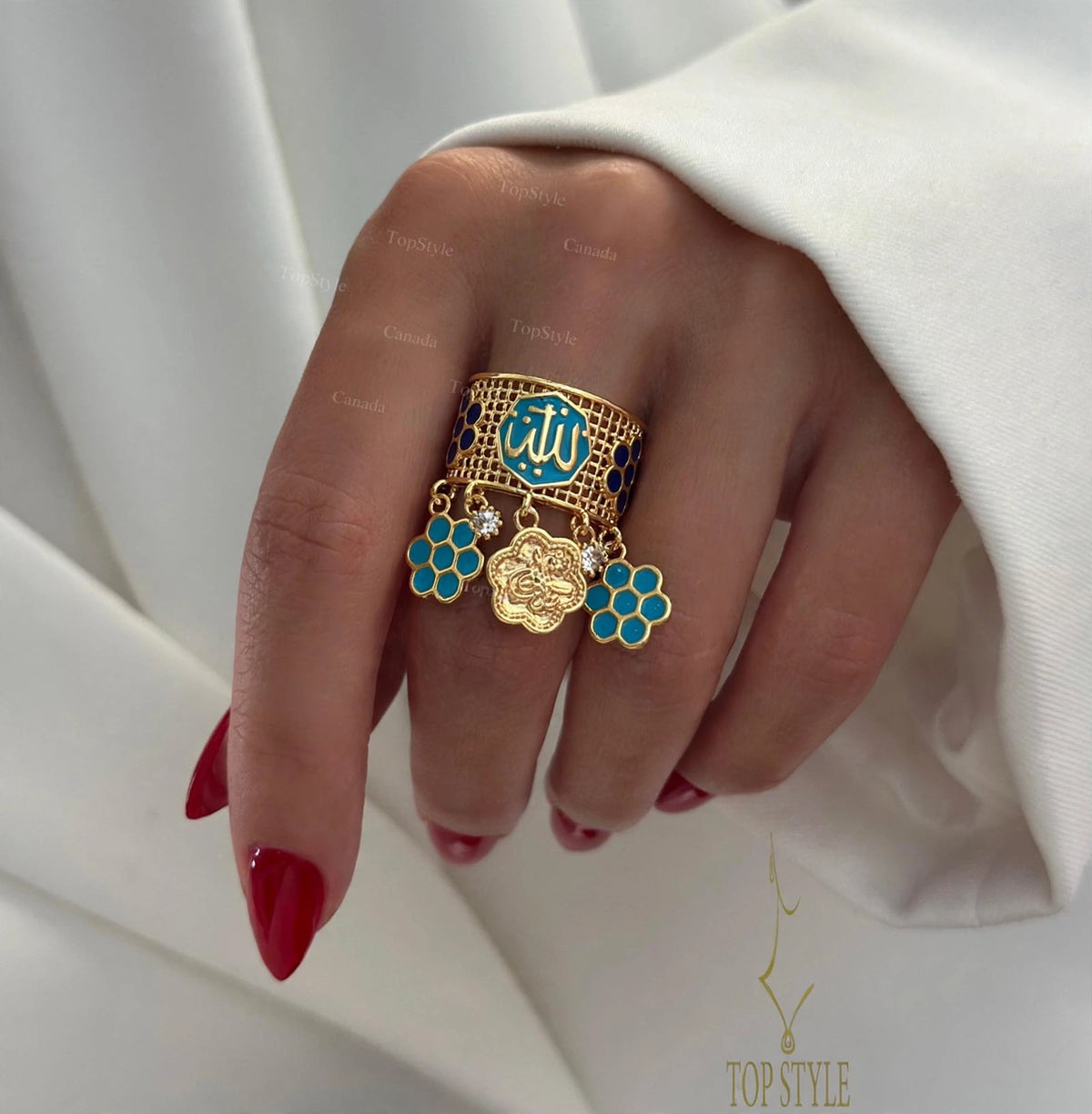 'Allah' Dangle Charm Adjustable Gold Plated Ring