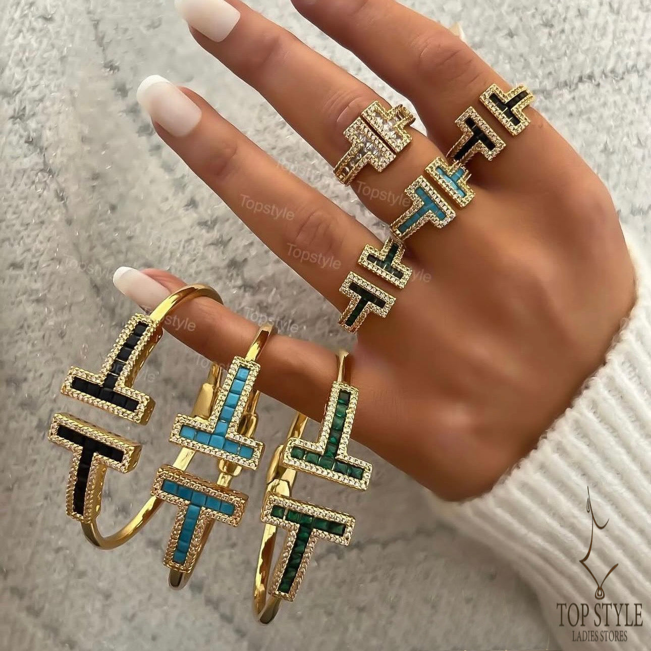 Gold Plated T-Shape Stone Half Set ( Bangle + Ring )