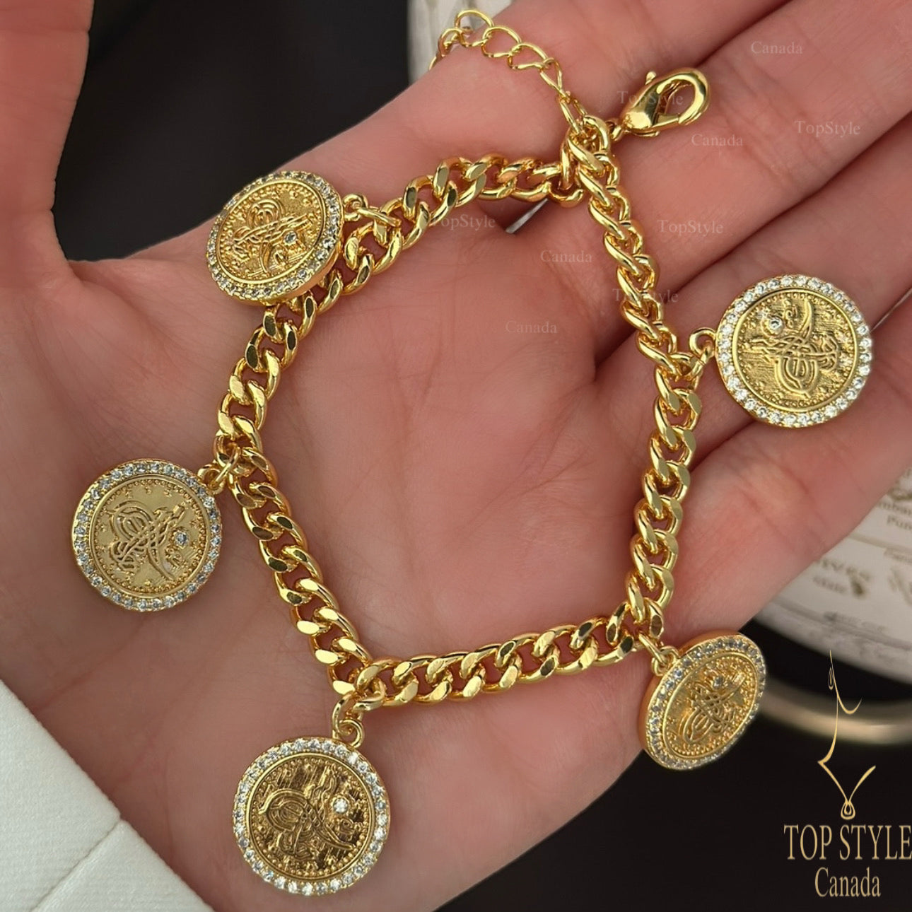 Bracelet à breloques pièce de monnaie royale ottomane – Plaqué or 21 carats