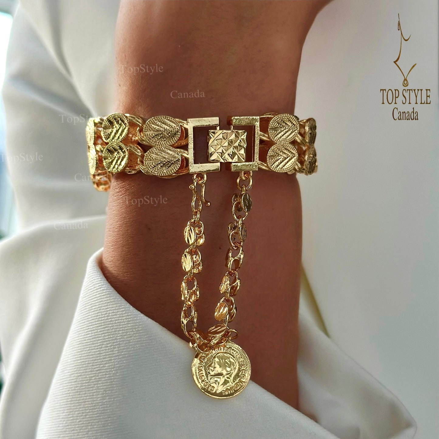 Bracelet de ceinture à breloques pièce de monnaie plaqué or vintage