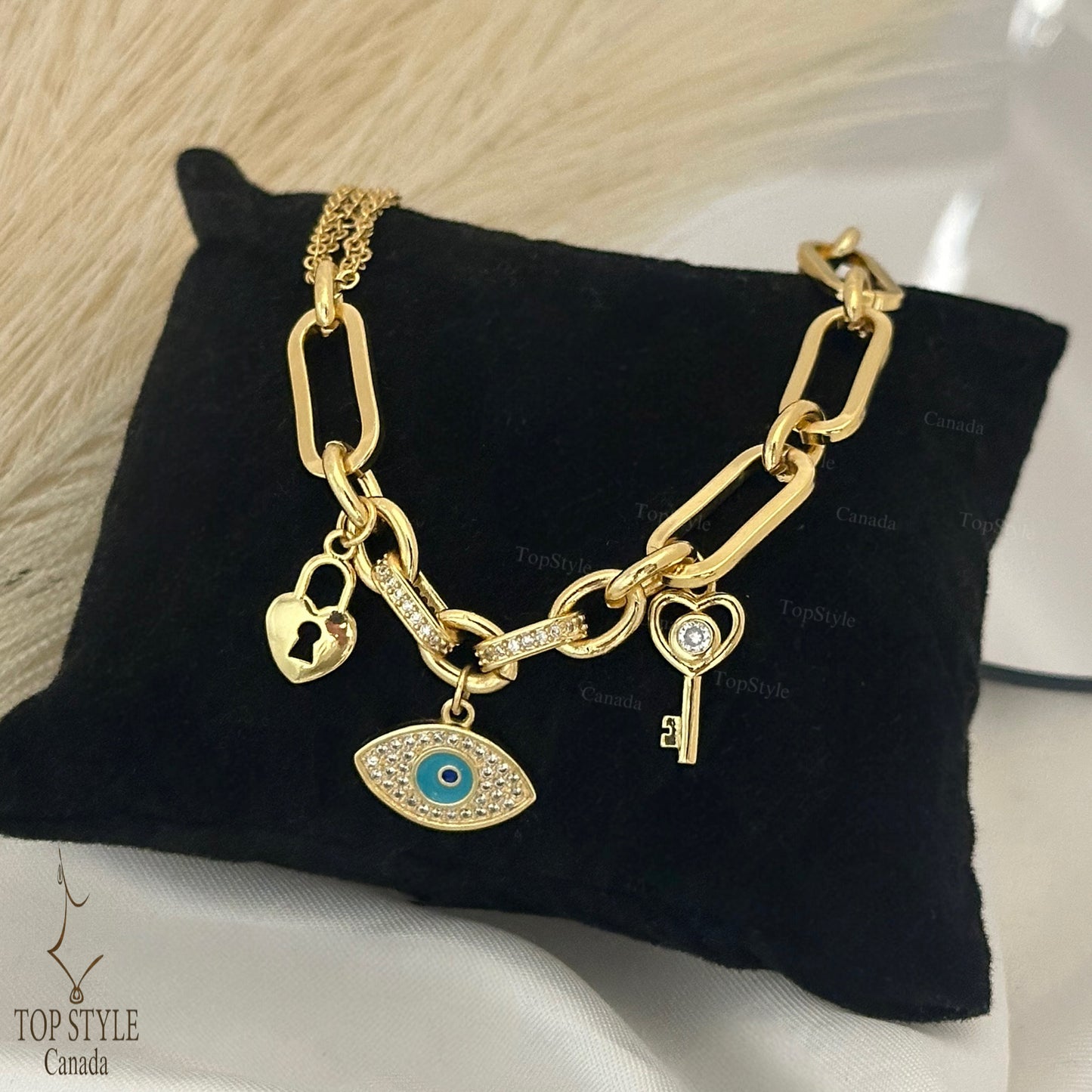 Gold-Plated Charm Bracelet with Evil Eye, Heart & Key