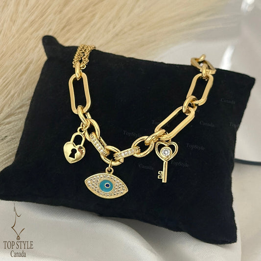 Gold-Plated Charm Bracelet with Evil Eye, Heart & Key