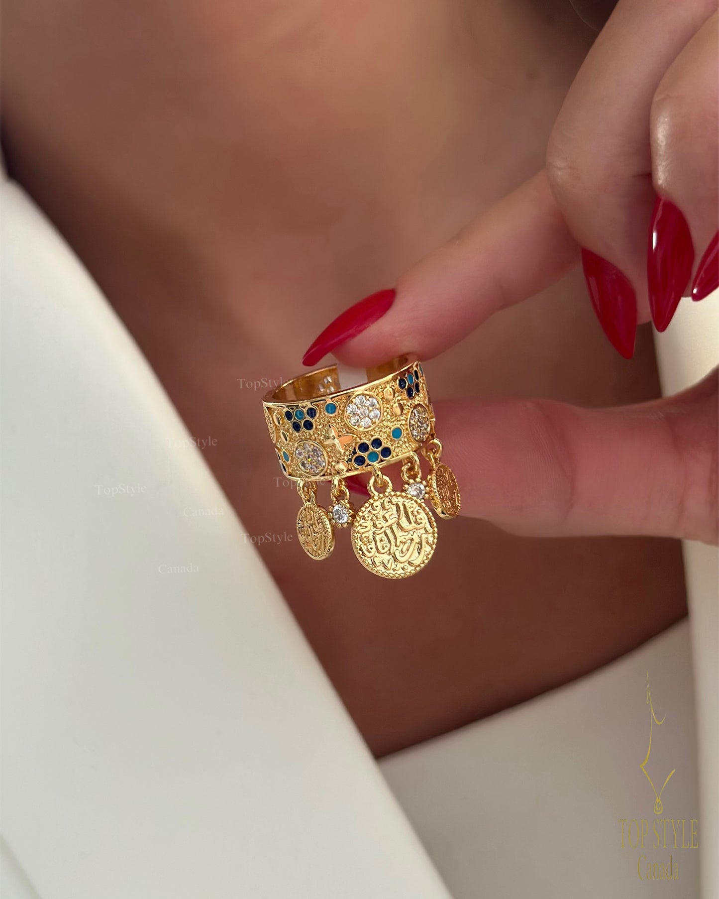 Qul Auzu Bi Rabbil Falaq Dangle Charm Ring | 21K Gold Plated