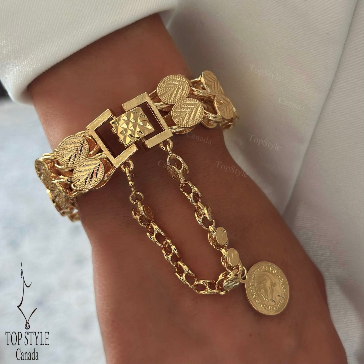 Bracelet de ceinture à breloques pièce de monnaie plaqué or vintage