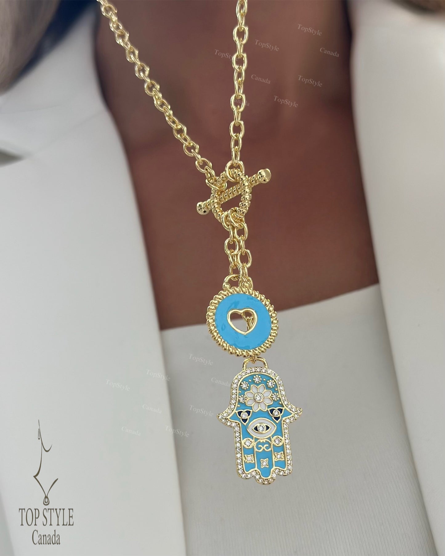 Aqua Evil Eye Hamsa Necklace | 18K Gold Plated