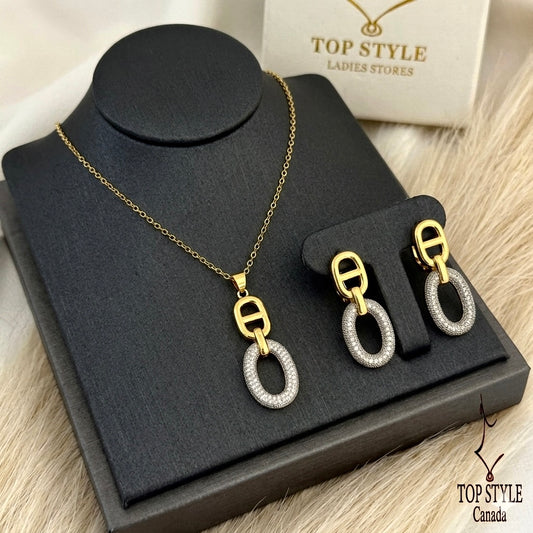 Two Tone Oval Link Half Set (Necklace + Earrings)