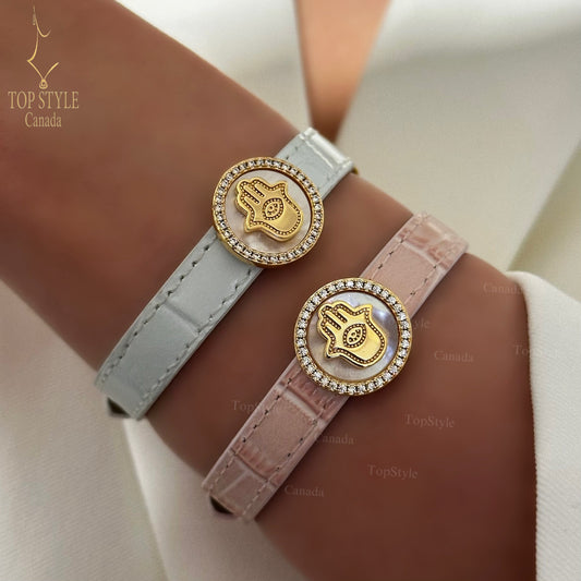 Hamsa Hand Leather Belt-Style Bracelet