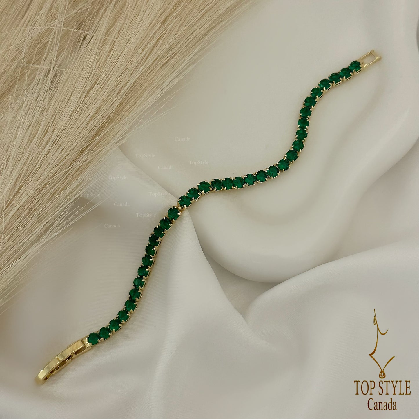 Green Stones Gold Plated Tennis Bracelet