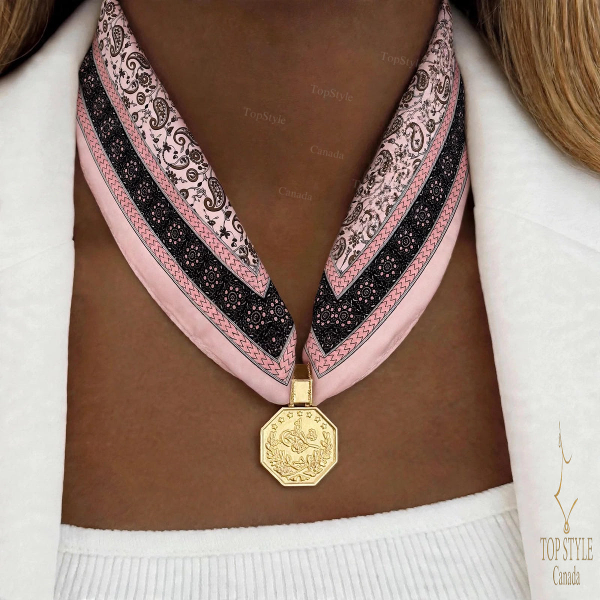 Blush Pink Paisley Coin Scarf Necklace
