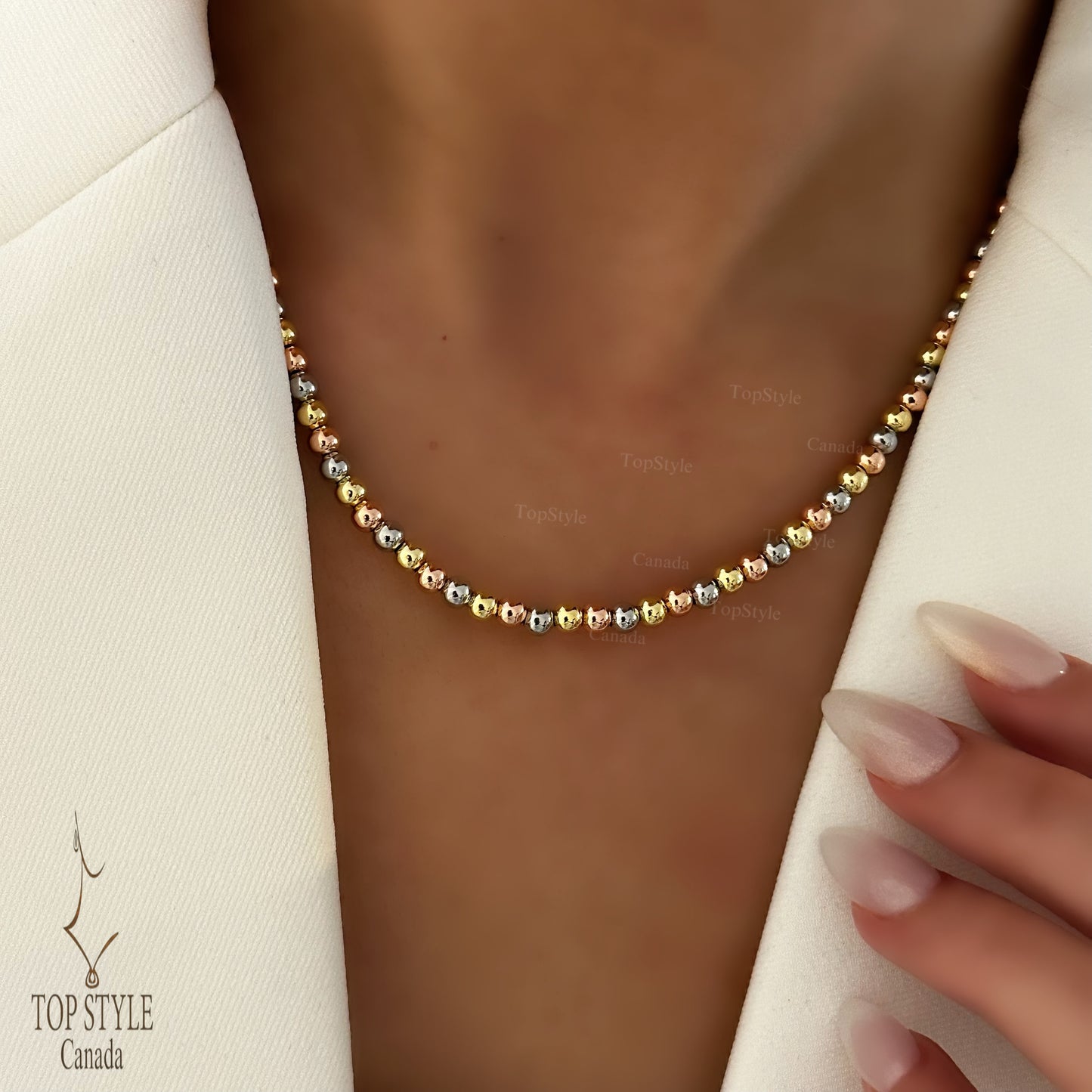 Tri-Tone Gold-Plated Ball Chain Set (Necklace + Bracelet)