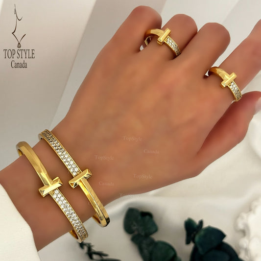 18K Gold Plated T-Half Set (Bangle + Ring)