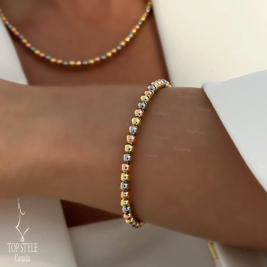 Tri-Tone Gold-Plated Ball Chain Set (Necklace + Bracelet)