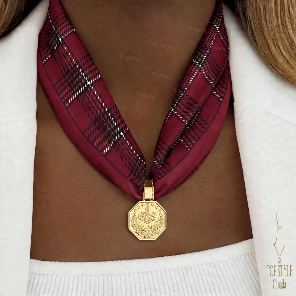 Burgundy Tartan Check Coin Scarf Necklace
