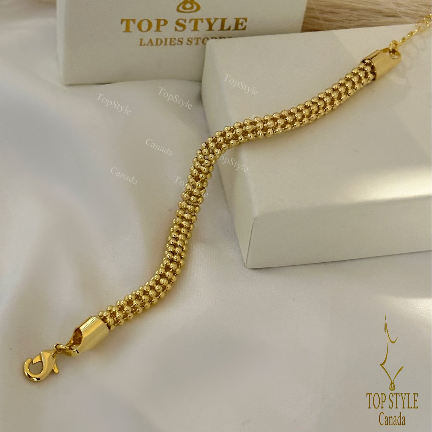 Bracelet maille texturée perlée, plaqué or 18 carats