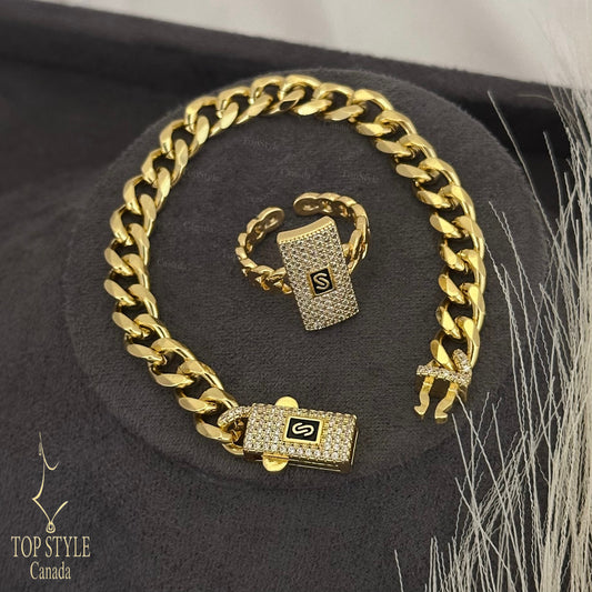 18K Gold Plated Ice Cuban Half Set (Bracelet+Ring)