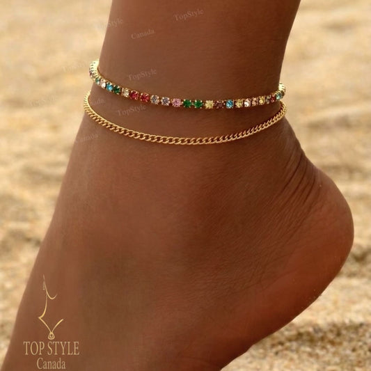21K Gold-Plated Multi-Color Chain Layered Anklet