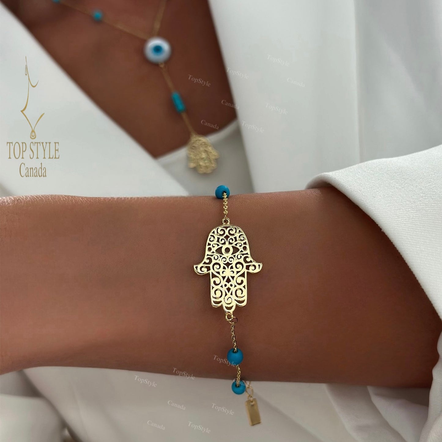 Turquoise Bead Evil Eye Hamsa Jewelry Set | 18K Gold Plated Necklace & Bracelet