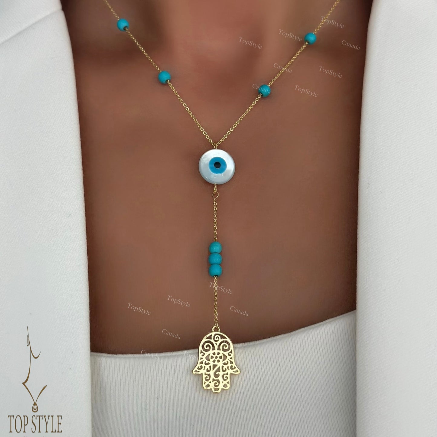 Turquoise Bead Evil Eye Hamsa Jewelry Set | 18K Gold Plated Necklace & Bracelet