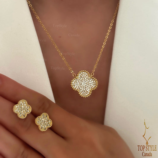 Gold-Plated Clover Sparkle half Set (Necklace & Earrings)