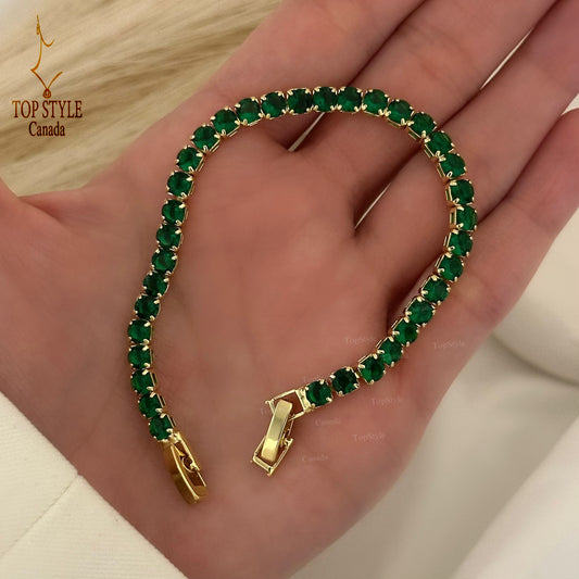 Green Stones Gold Plated Tennis Bracelet