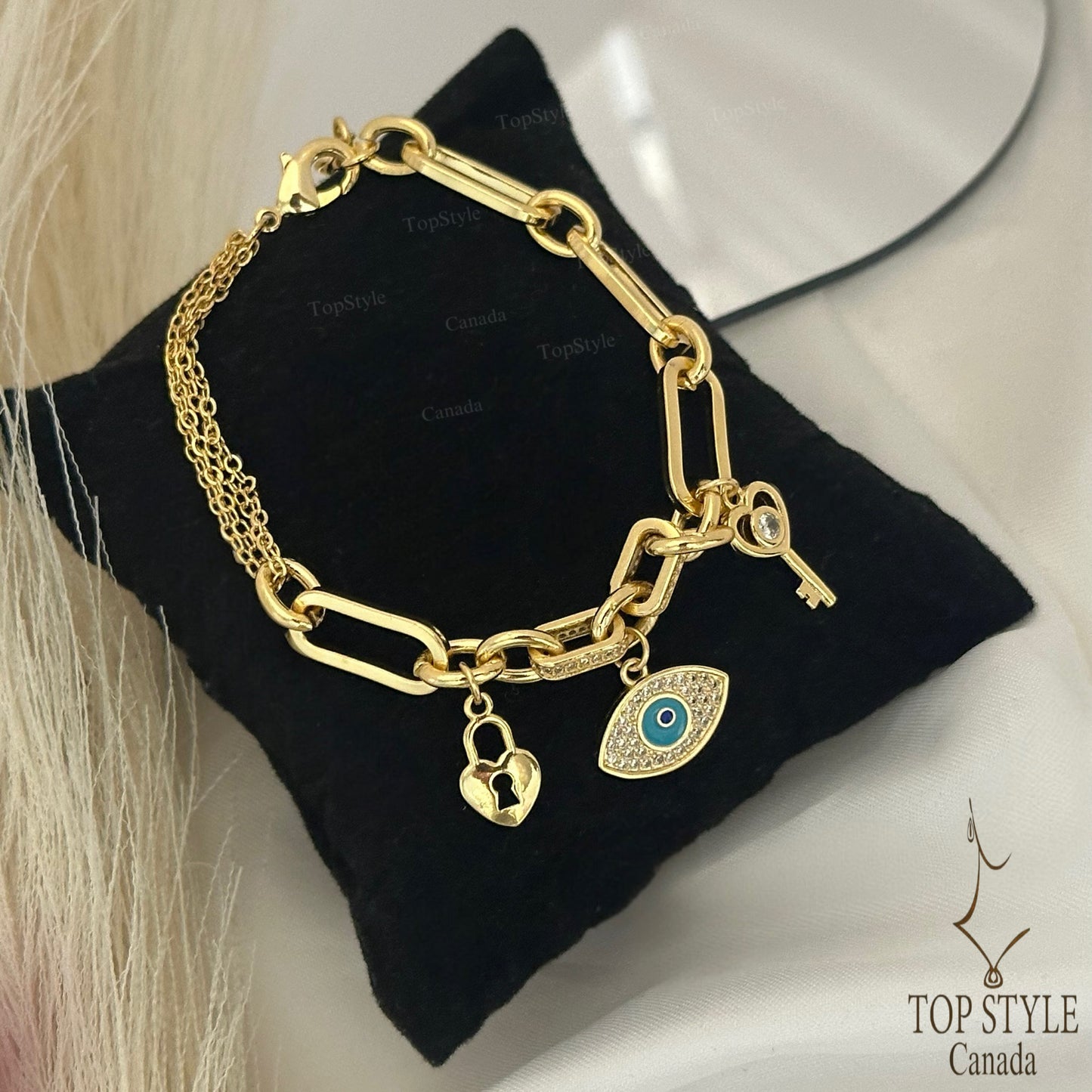 Gold-Plated Charm Bracelet with Evil Eye, Heart & Key
