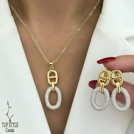 Gold-Plated Oval Link Necklace and Earring Half Set (Necklace + Earrings)