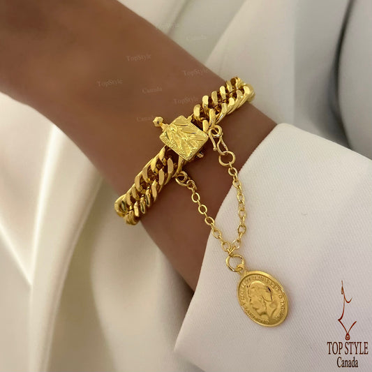 21k Gold Plated Cuban Chain Bracelet with Vintage Coin