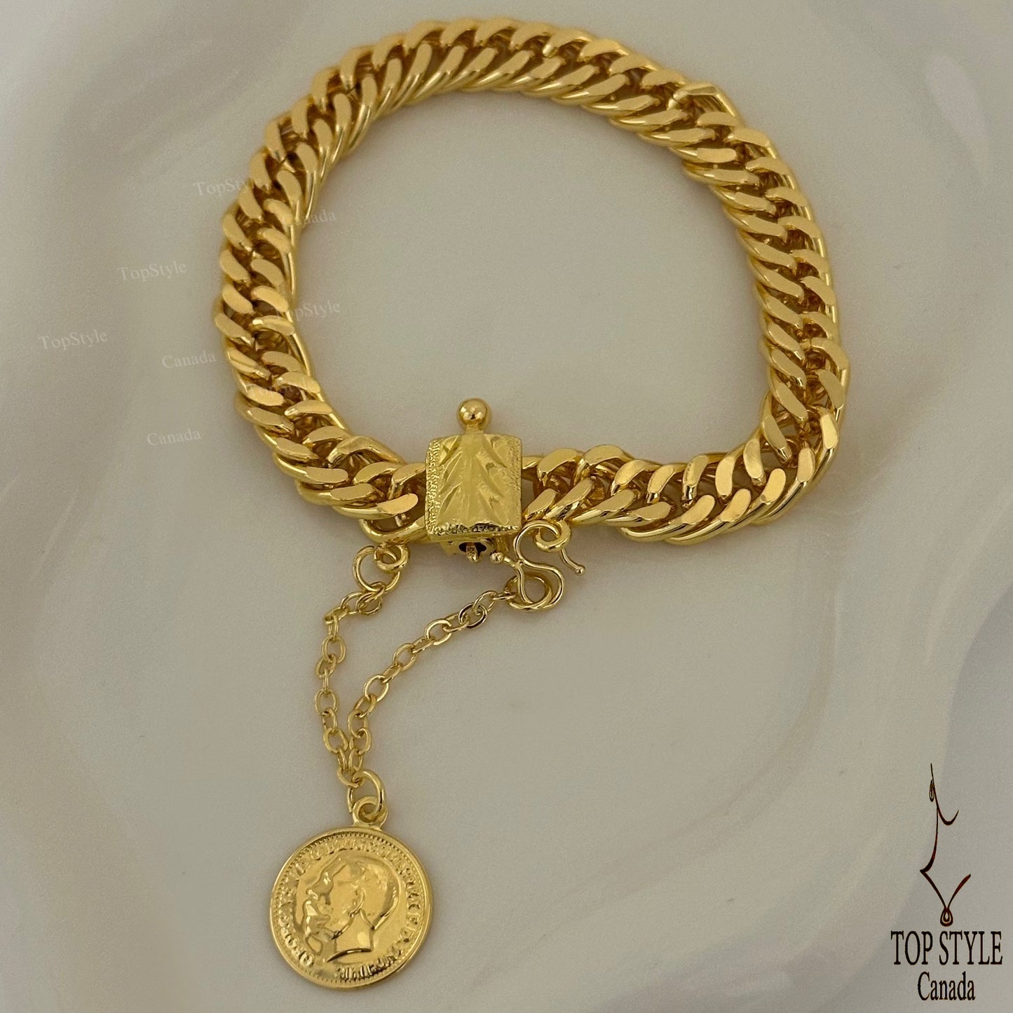 21k Gold Plated Cuban Chain Bracelet with Vintage Coin