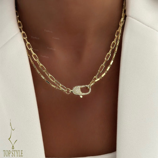 18K Gold Plated Double Layered Paperclip Necklace with Pave Lobster Clasp