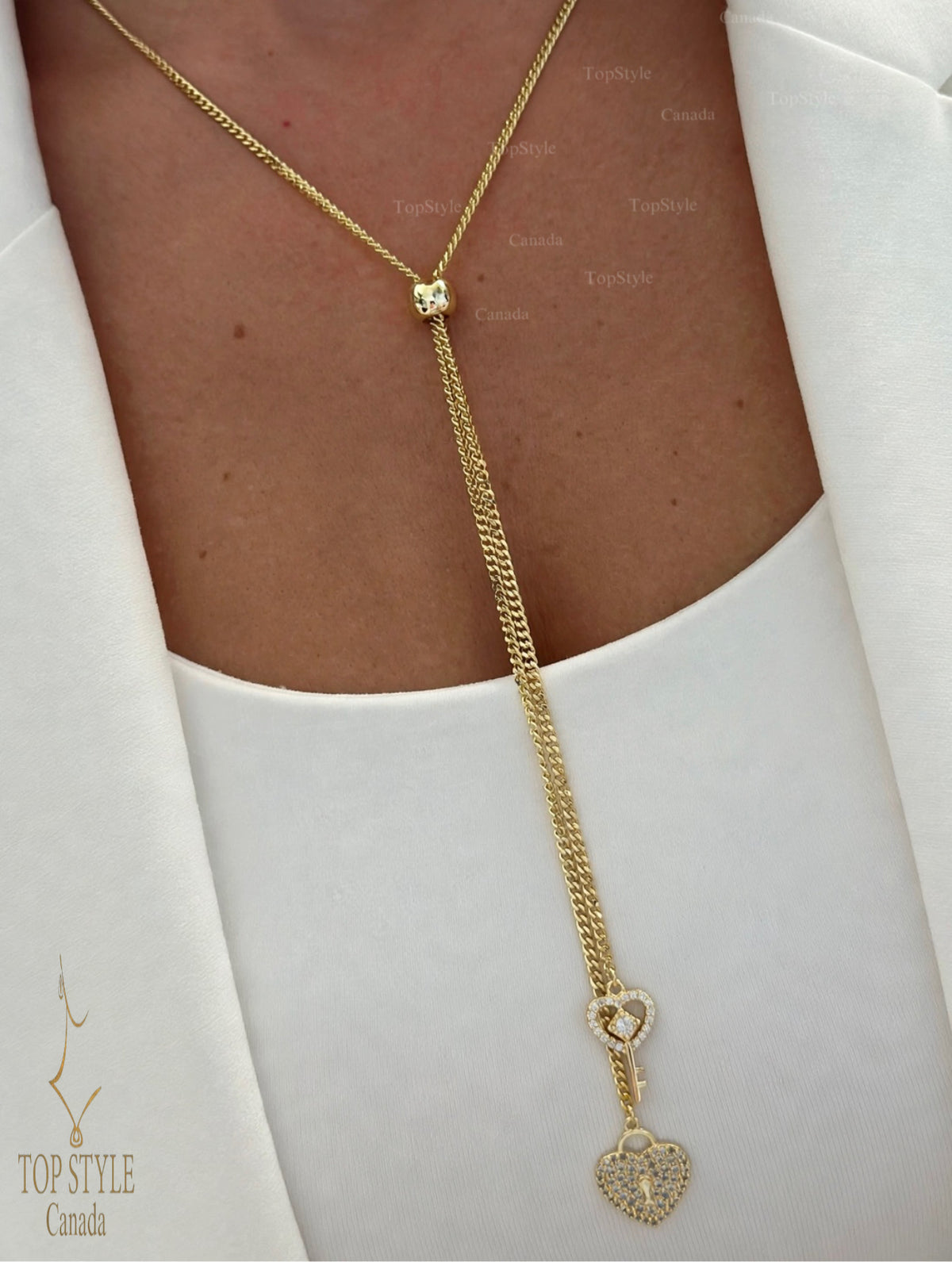 18K Gold Plated Heart Lock & Key Lariat Necklace