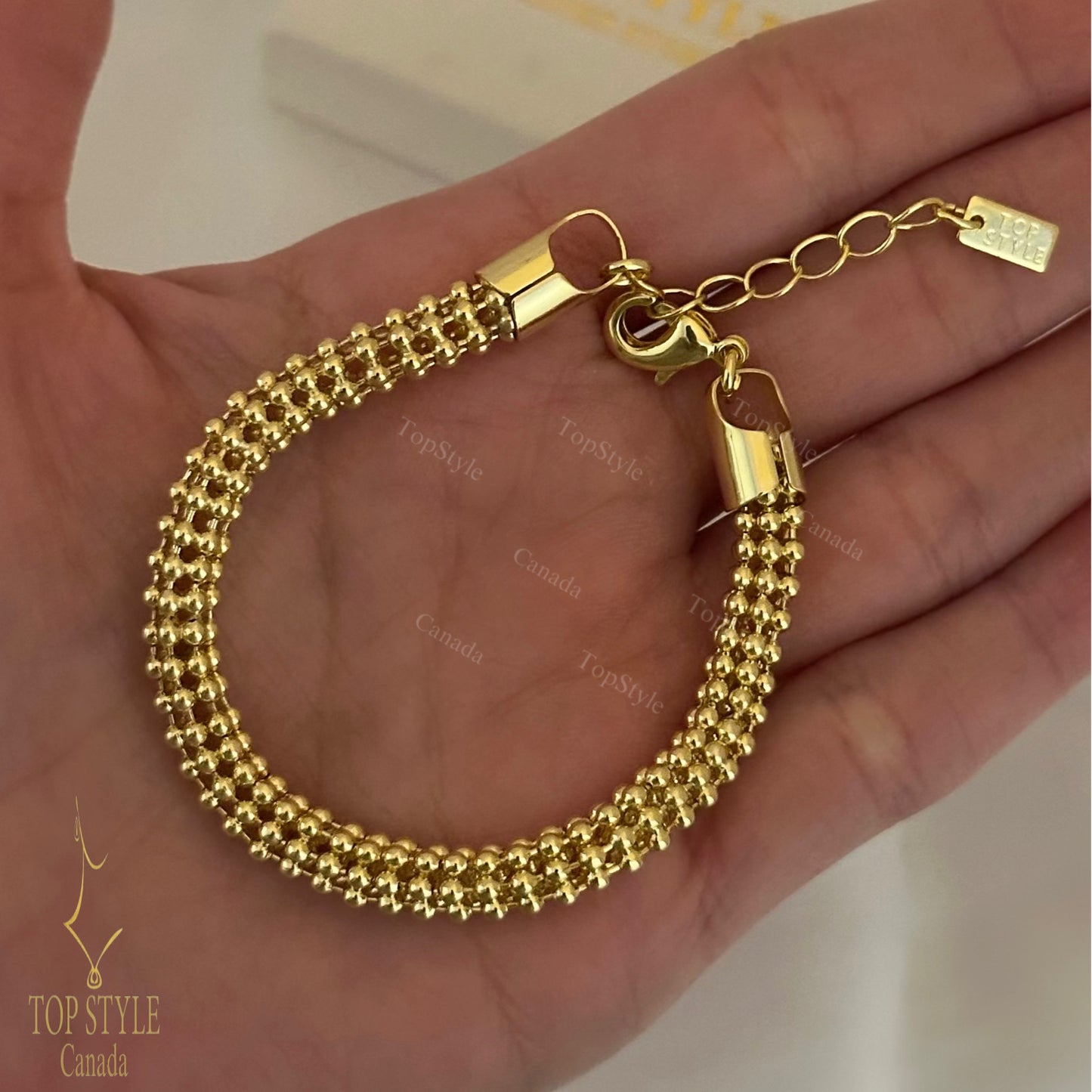 Bracelet maille texturée perlée, plaqué or 18 carats