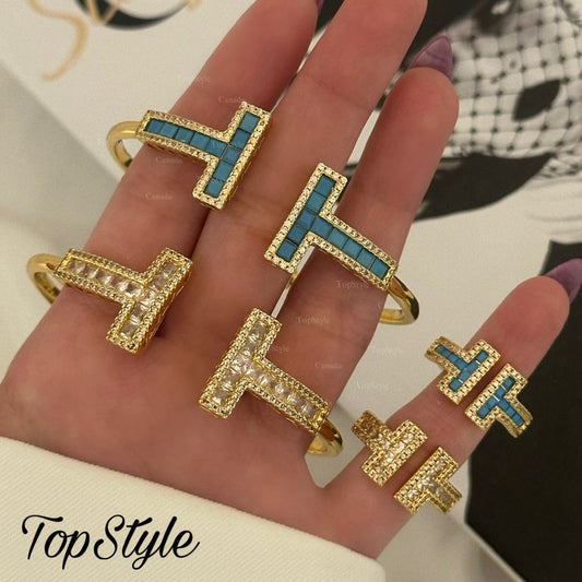 Gold Plated T-Shape Stone Half Set ( Bangle + Ring )