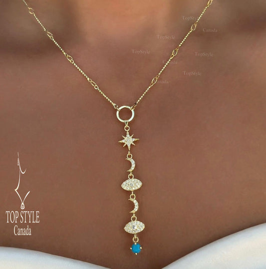 Evil Eye Star & Moon Charm Necklace | 18K Gold Plated
