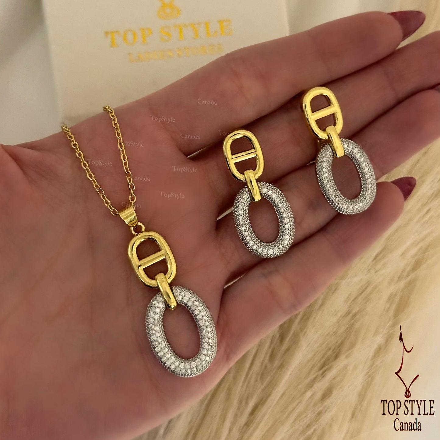 Gold-Plated Oval Link Necklace and Earring Half Set (Necklace + Earrings)