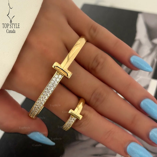 18K Gold Plated T-Half Set (Bangle + Ring)