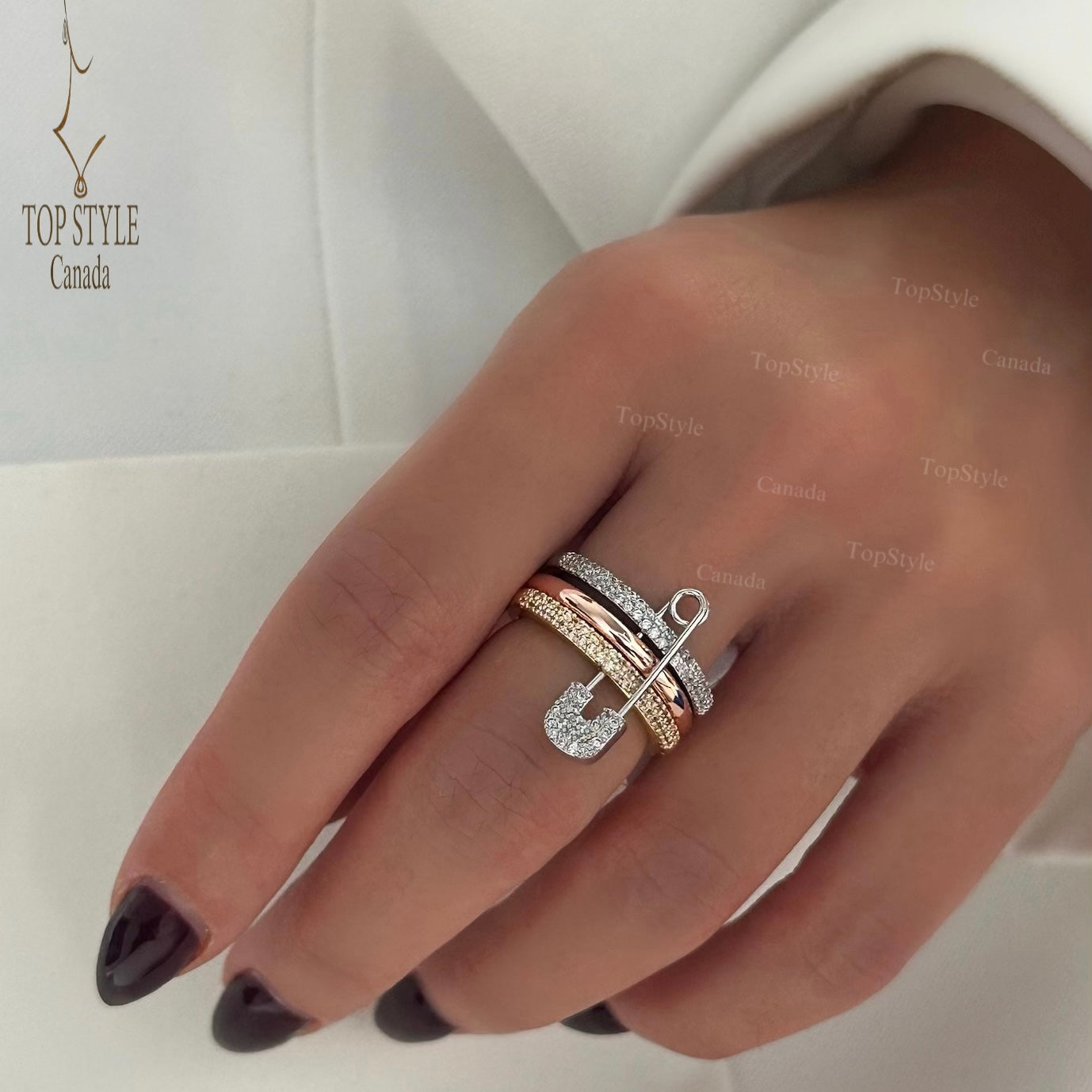 Gold Plated Safety Pin Triple Ring
