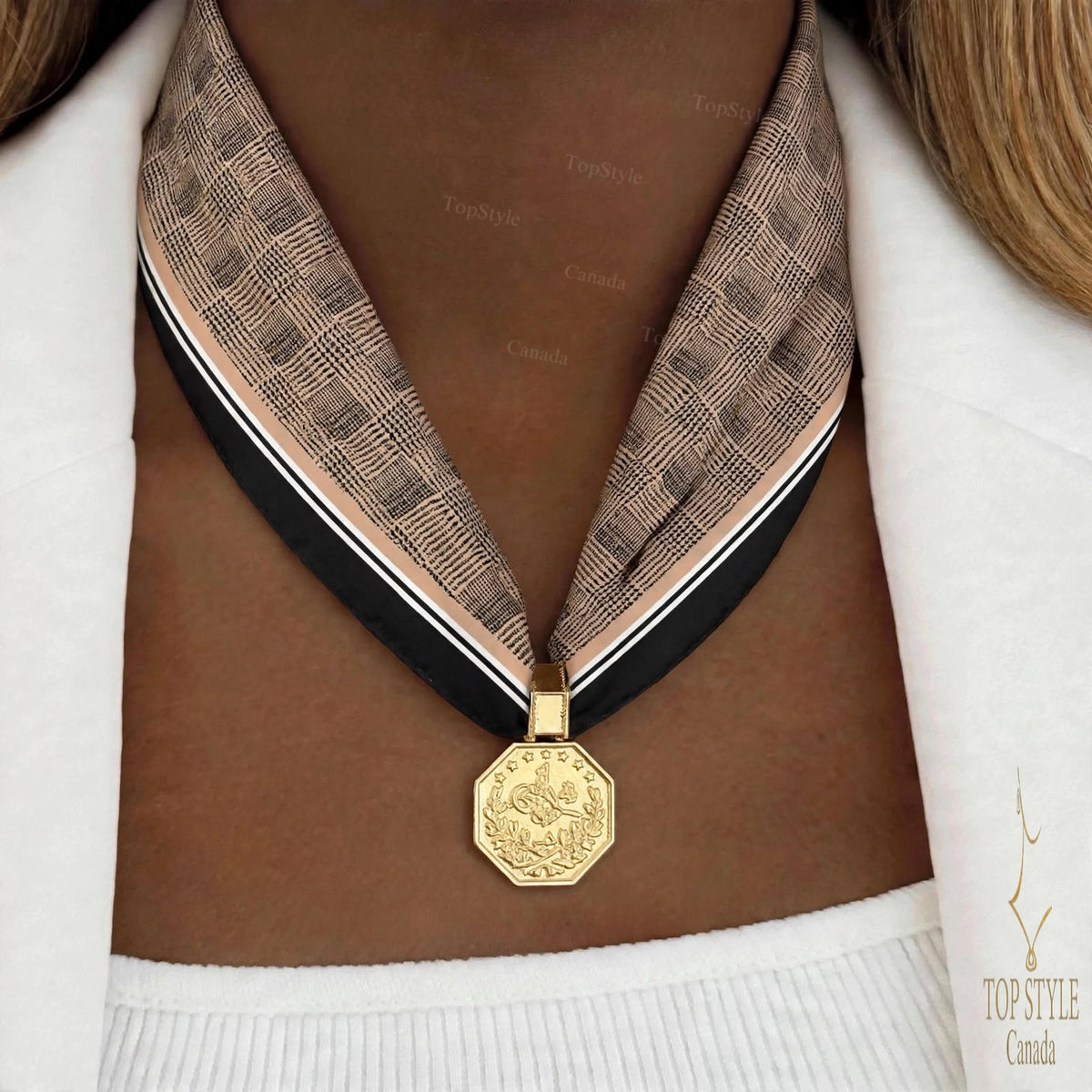 Paris Check Coin Scarf Necklace