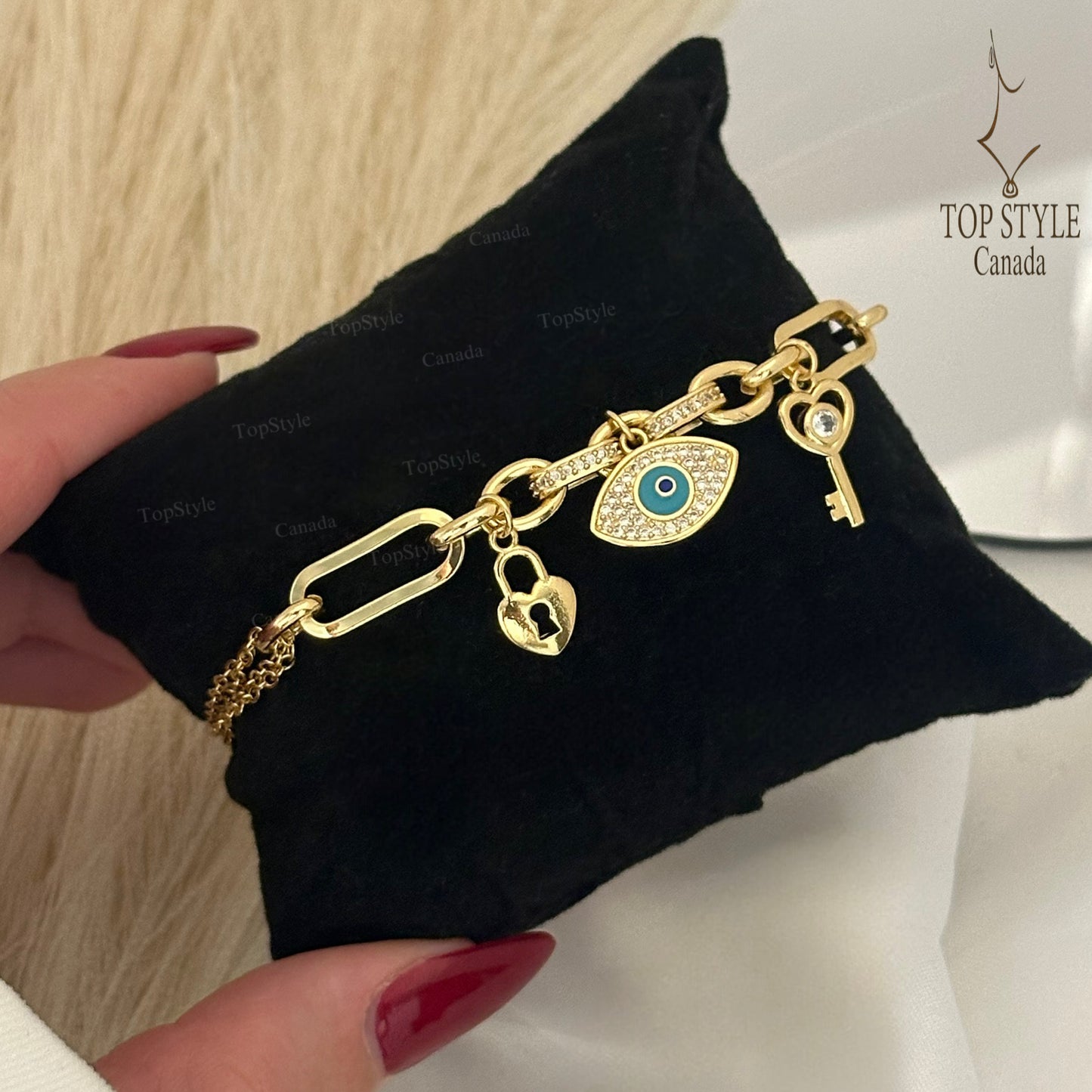 Gold-Plated Charm Bracelet with Evil Eye, Heart & Key