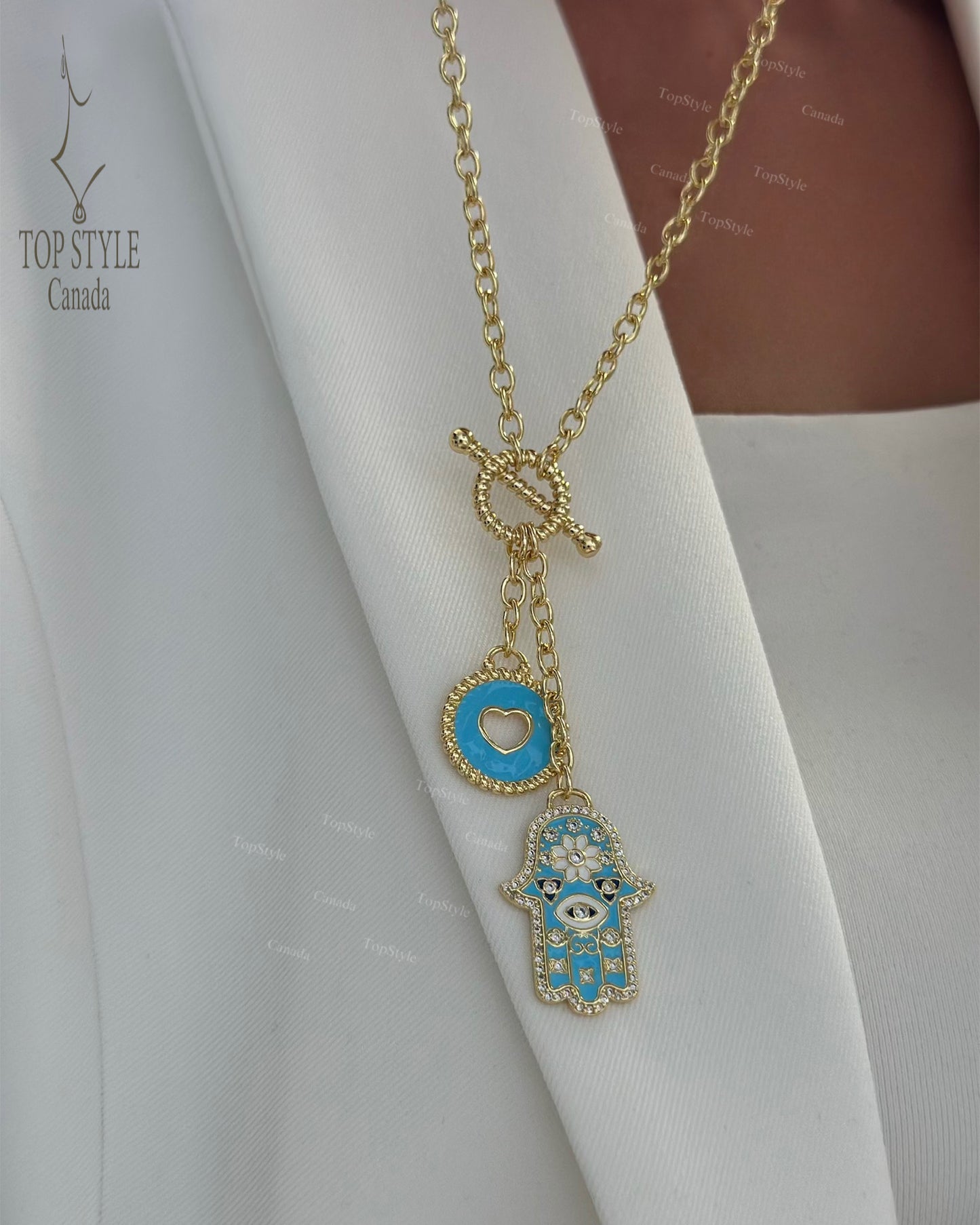 Aqua Evil Eye Hamsa Necklace | 18K Gold Plated