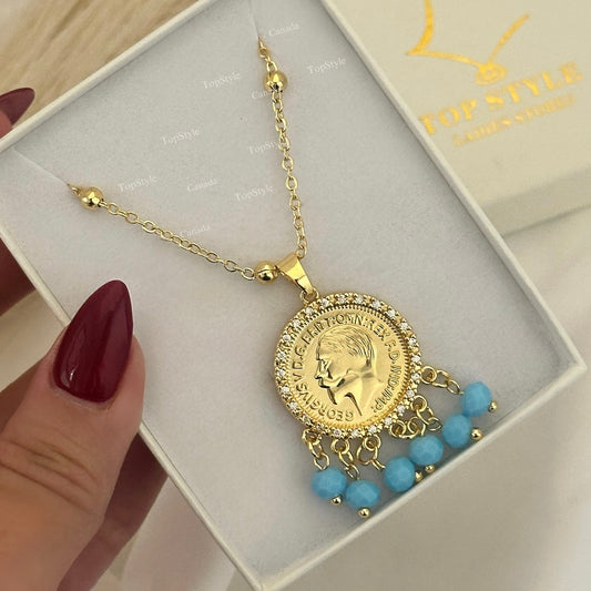 Gold plated Coin Pendant Necklace with Turquoise Beads