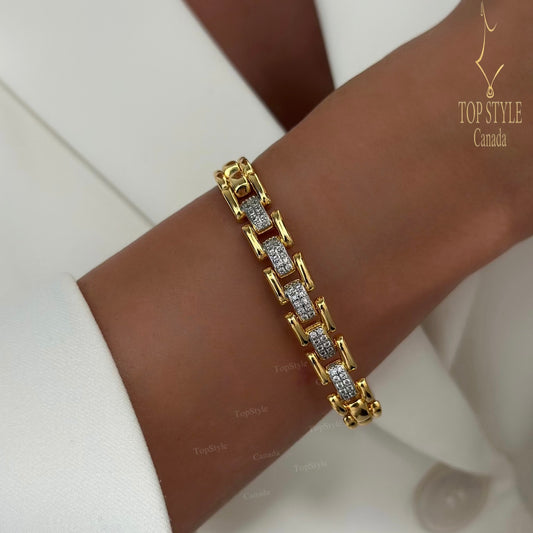 21K Gold Two Tone CZ Link Bracelet