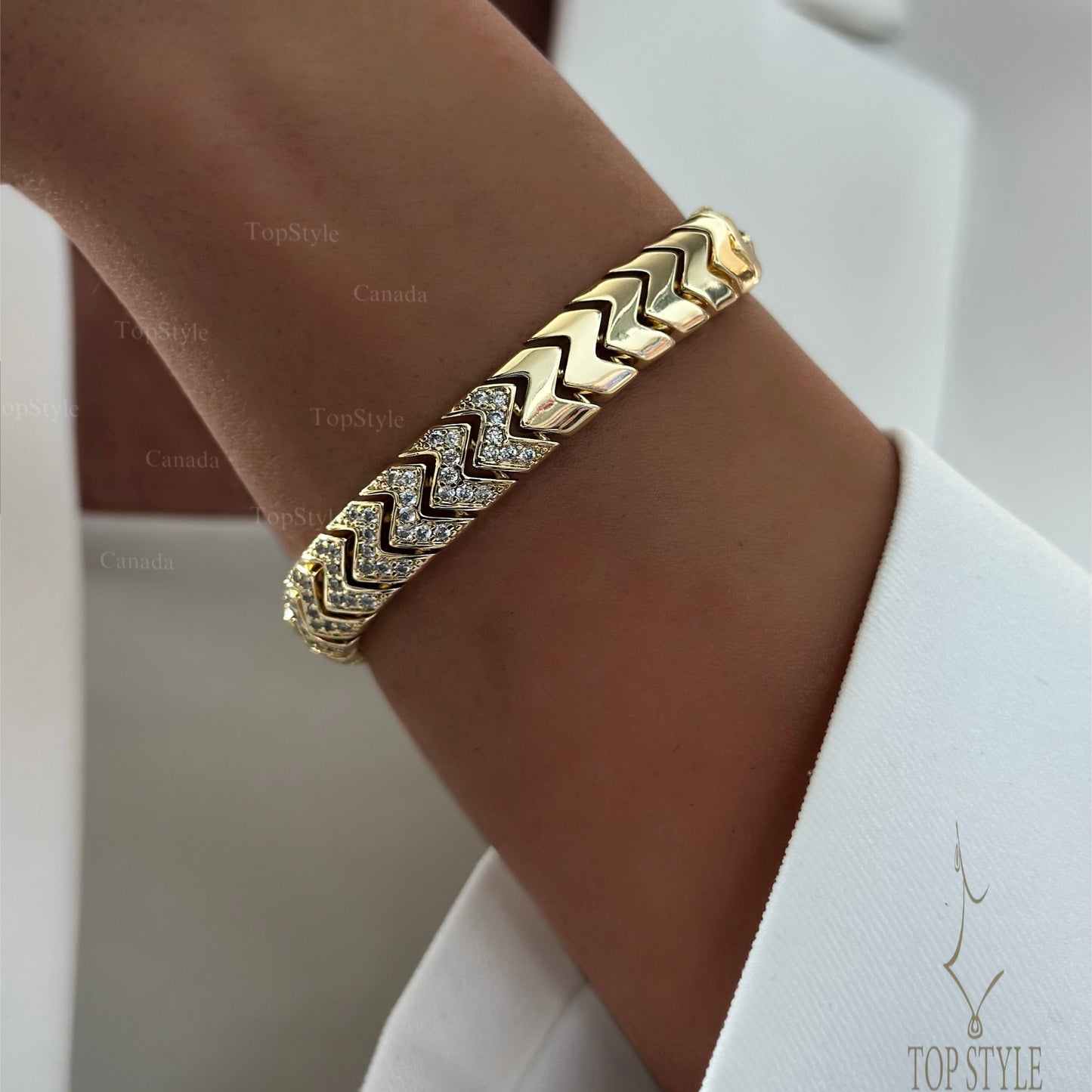 18K Gold Plated CZ Chevron Link Bracelet