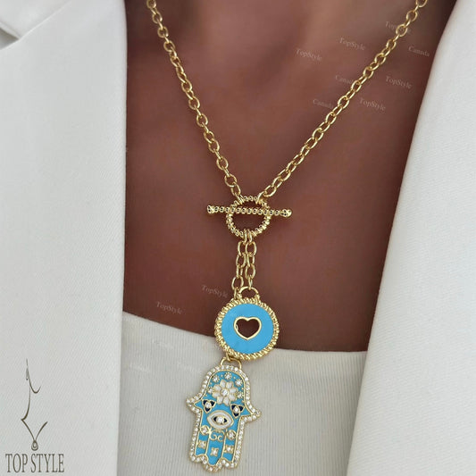 Aqua Evil Eye Hamsa Necklace | 18K Gold Plated