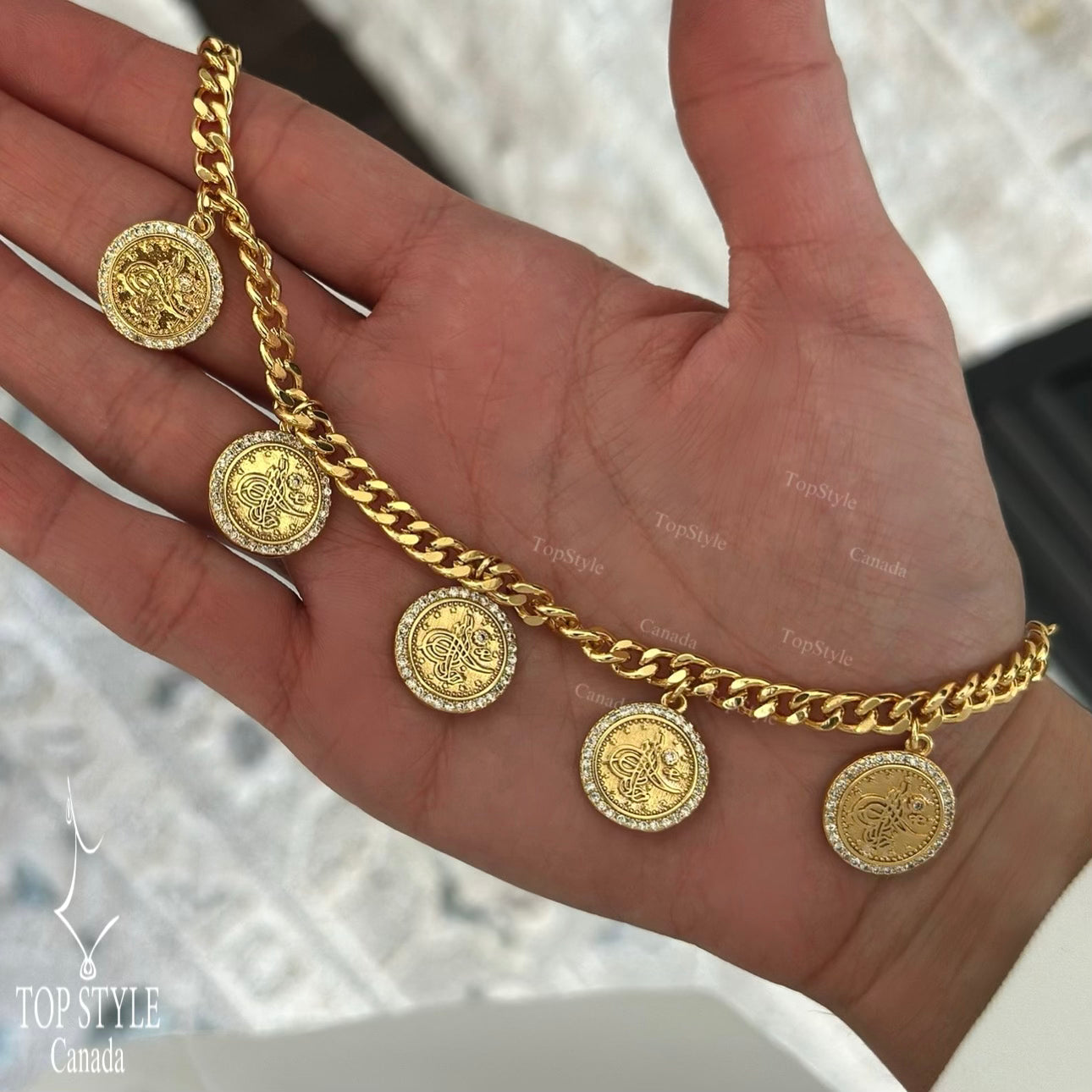 Bracelet à breloques pièce de monnaie royale ottomane – Plaqué or 21 carats