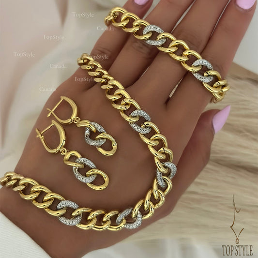 Luxury Cuban Link (3Pcs) Set with Pavé Zirconia - 21K Gold Plated